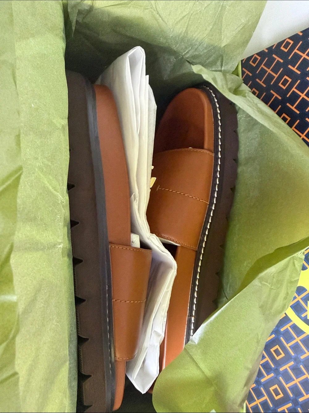 Tory Burch Tan Leather Slide with Gold Logo